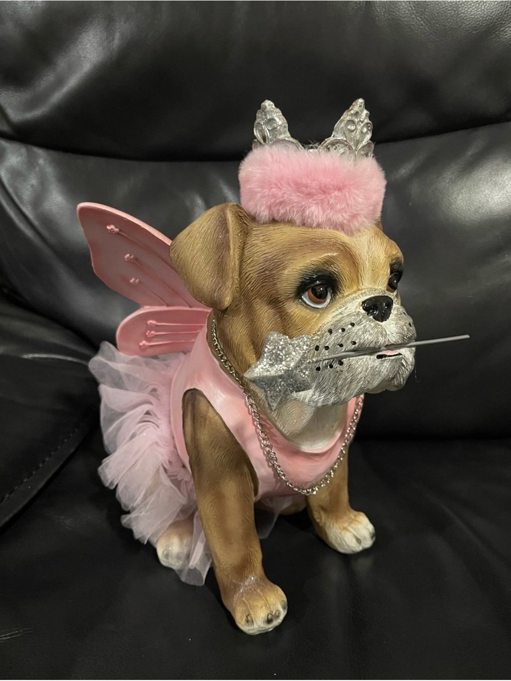Halloween Bulldog Fairy in Tutu and Crown Halloween Costume Statue